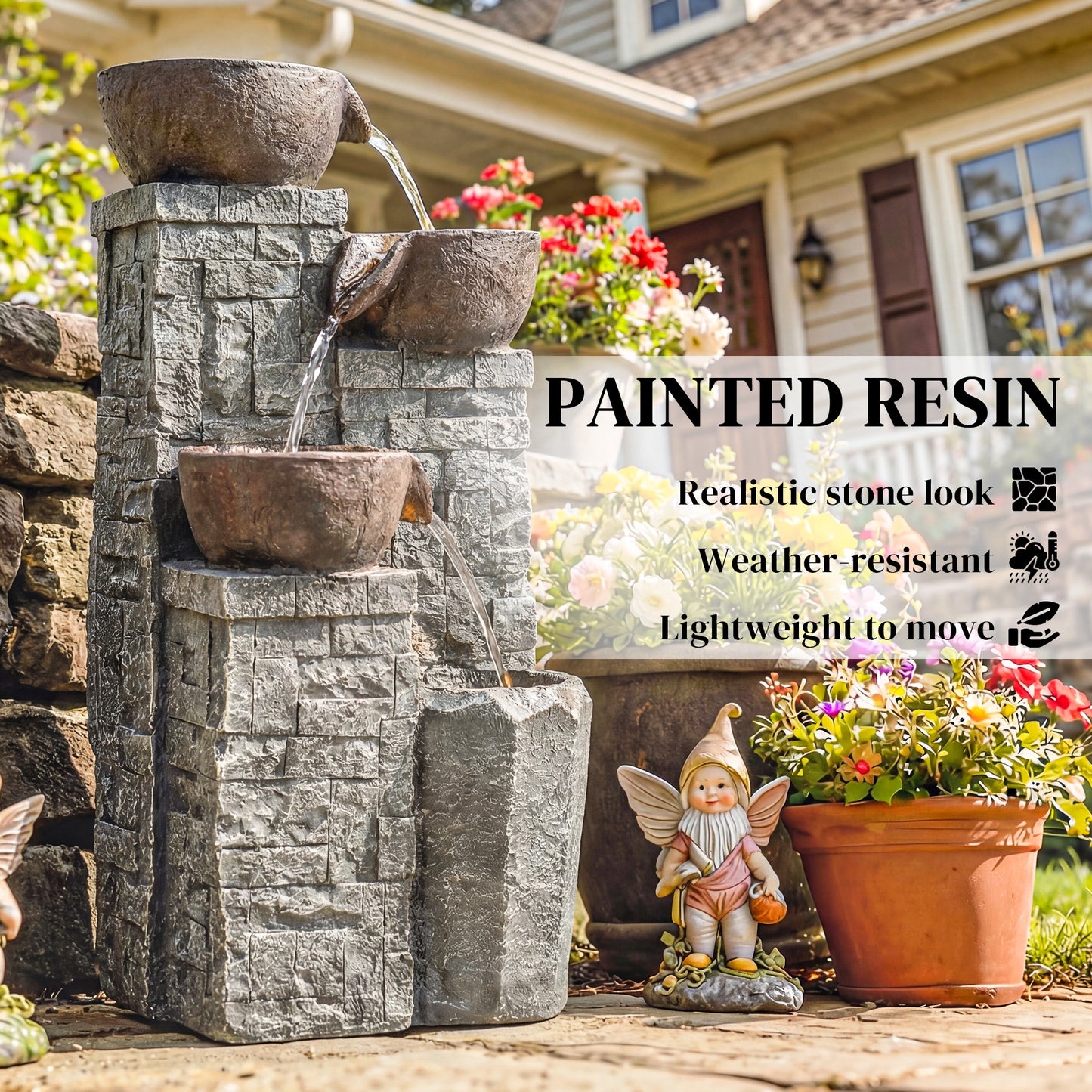 4-Tier Outdoor Fountain with LED Lights, Grey and Rustic Brown
