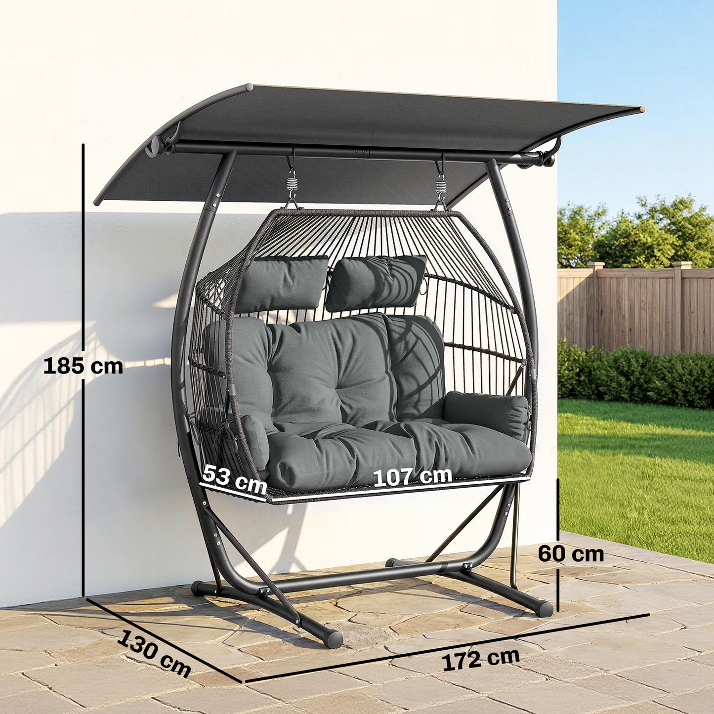 Double Hanging Egg Chair with Canopy, Egg Swing Chair, Dark Grey