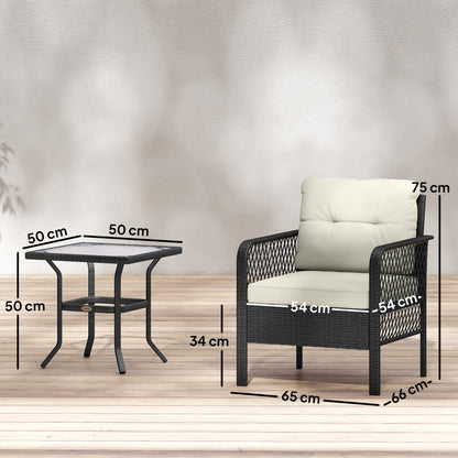 3 Pieces Rattan Bistro Set with Tempered Glass Table Cream