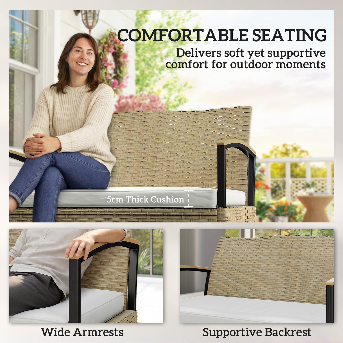 125L Garden Storage Bench, 2 Seater PE Rattan Outdoor Bench - Khaki