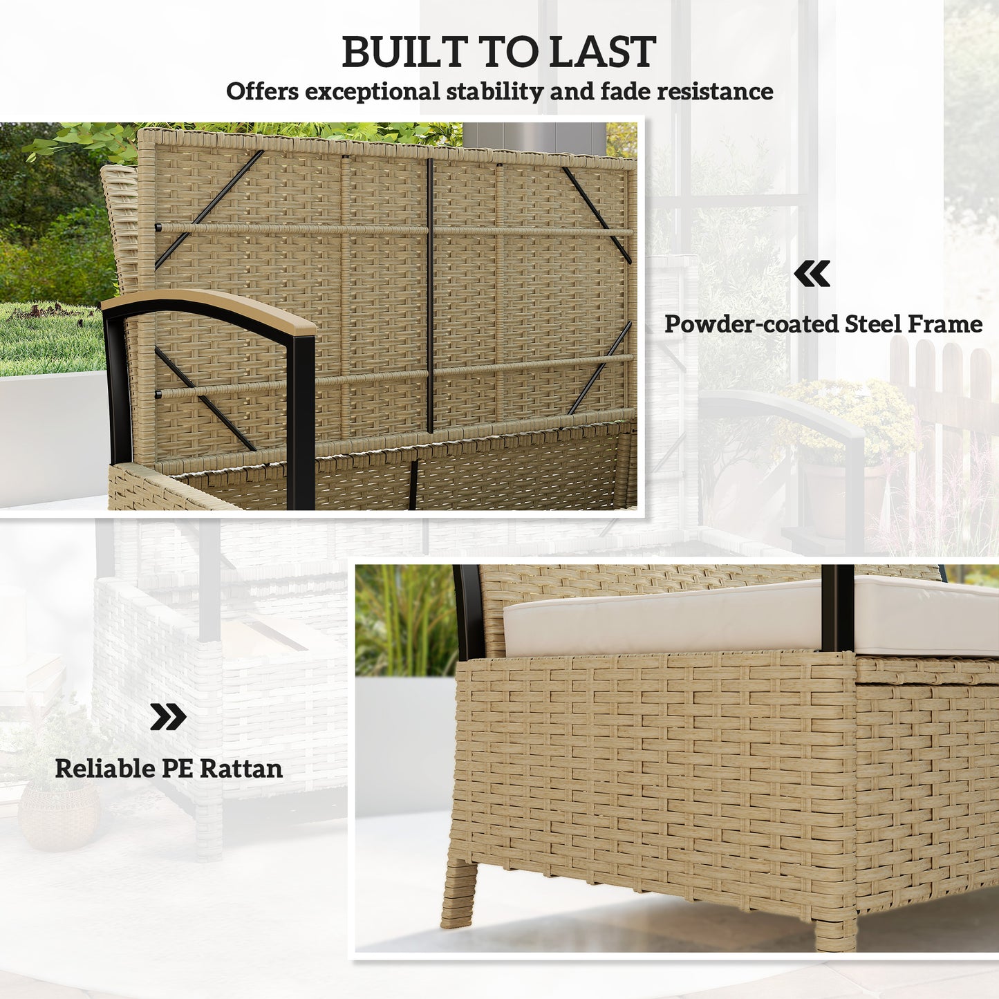 125L Garden Storage Bench, 2 Seater PE Rattan Outdoor Bench - Khaki