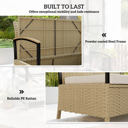 125L Garden Storage Bench, 2 Seater PE Rattan Outdoor Bench - Khaki