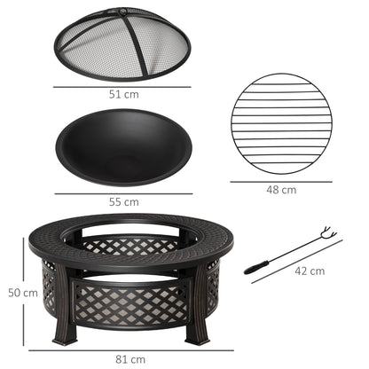 Outdoor Fire Pit,Round Firepit with Grill Net,Mesh Lid,Bronze Tone