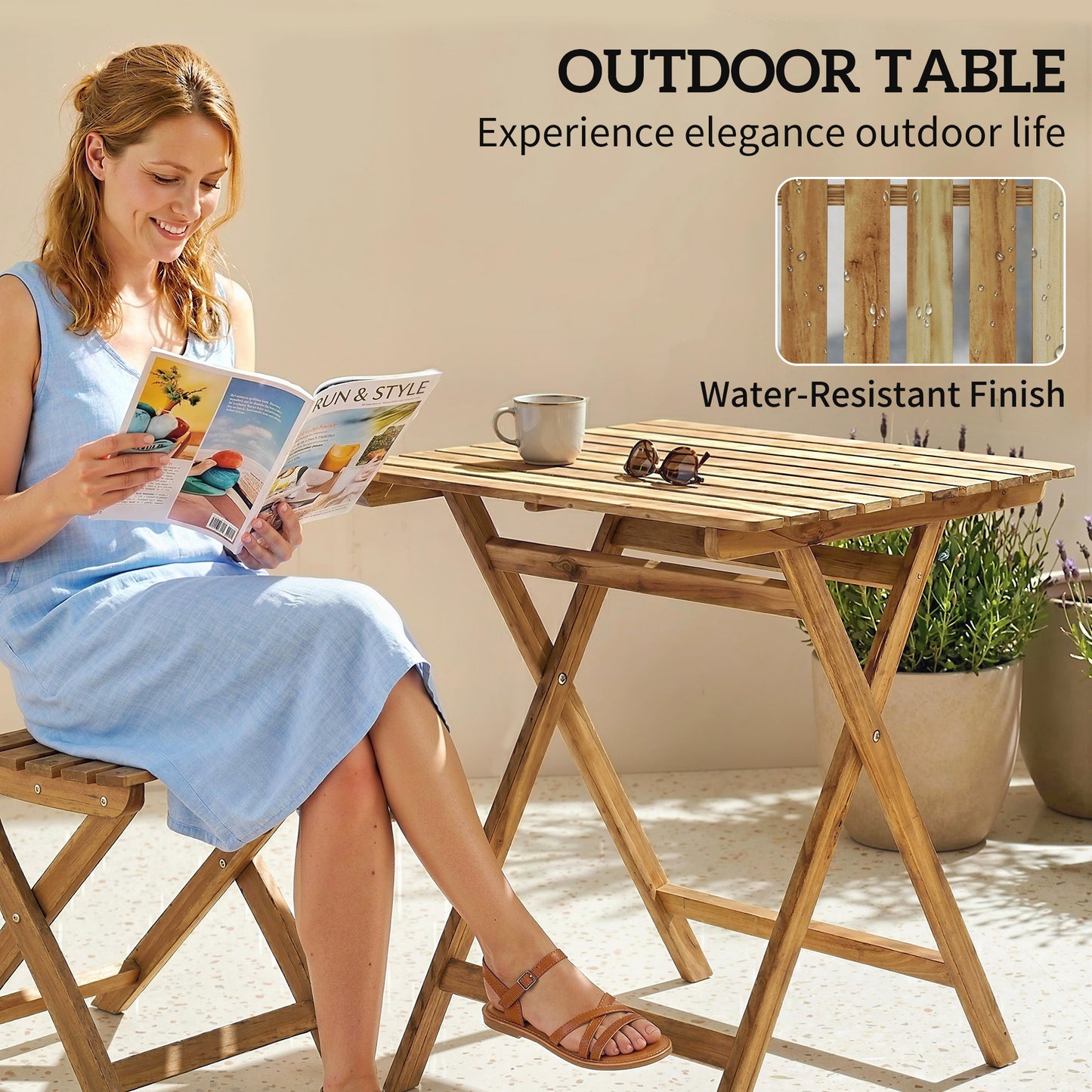 Outdoor Coffee Table Foldable Wooden Garden Table Natural Wood