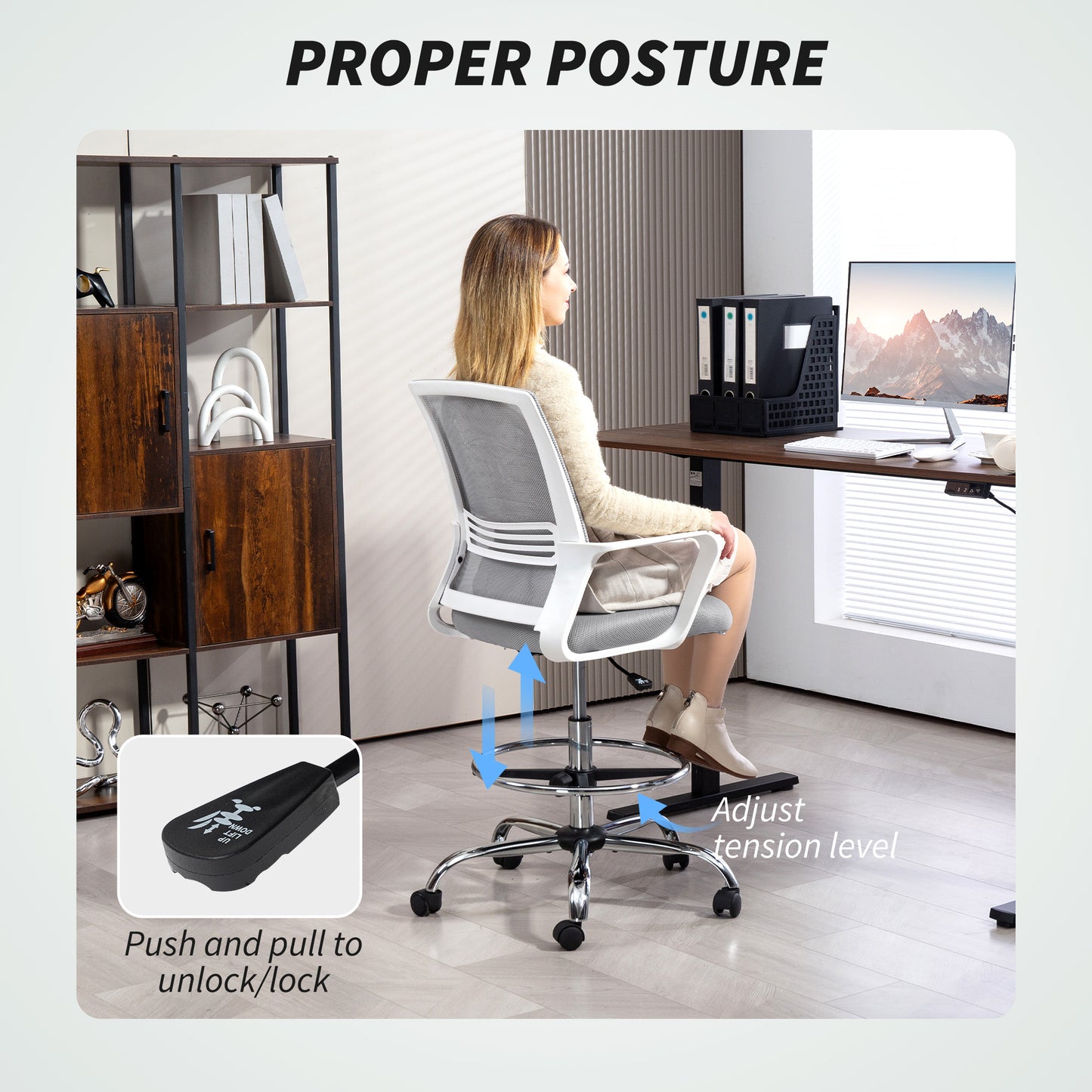 Draughtsman Chair, Mesh Ergonomic Drafting Chair, Grey