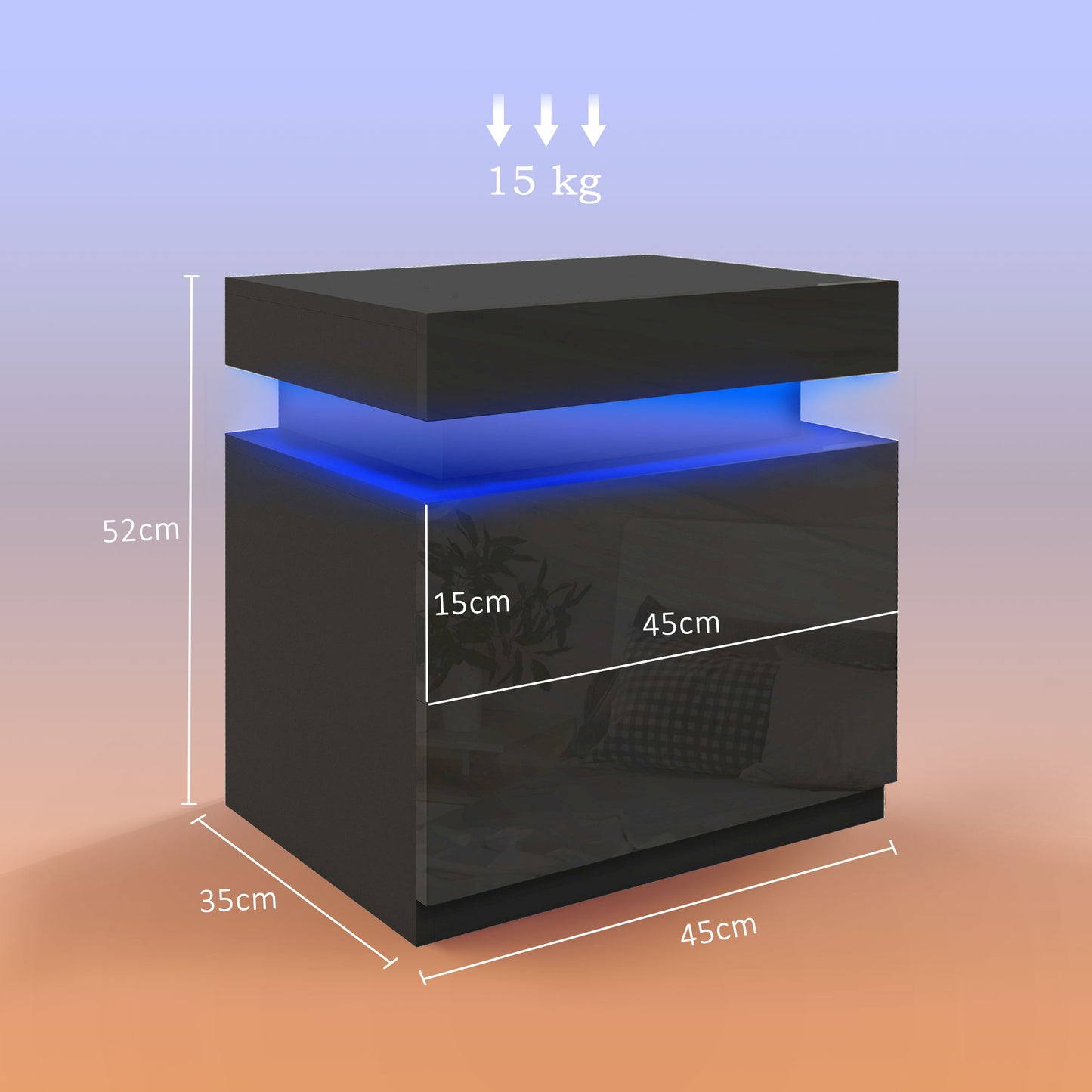 High Gloss Bedside Table with LED Light and 2 Drawers, Black