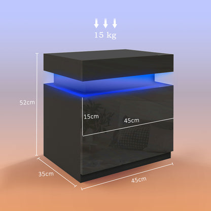 High Gloss Bedside Table with LED Light and 2 Drawers, Black