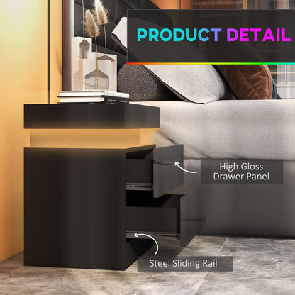 High Gloss Bedside Table with LED Light and 2 Drawers, Black