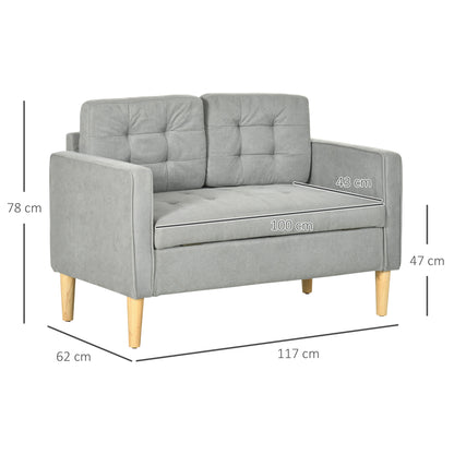 Modern 2 Seater Sofa with Hidden Storage, 117cm Tufted Cotton Couch, Compact Loveseat Sofa with Wood Legs, Grey