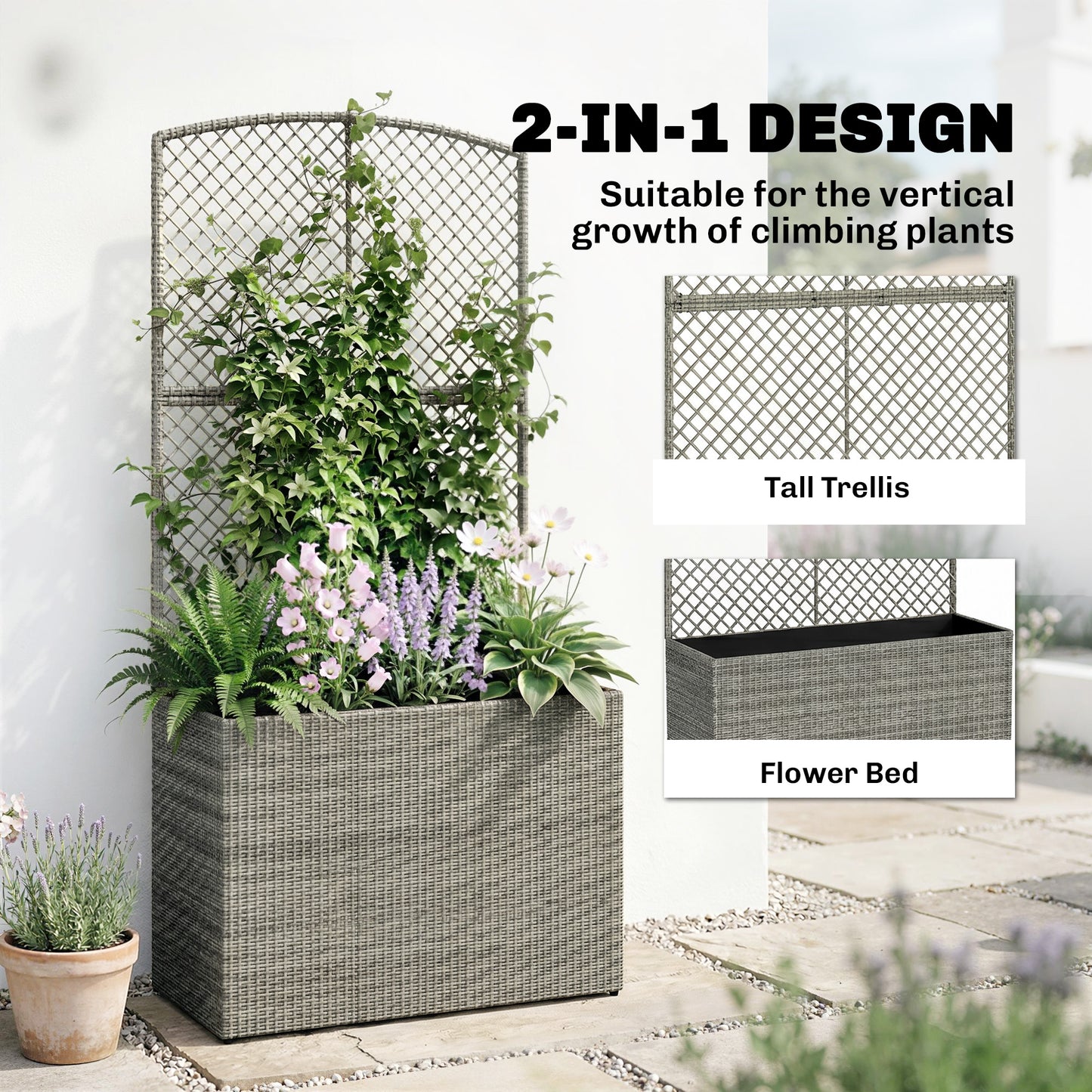 Garden Planter with Trellis, Rattan Raised Beds for Garden with Liner, Freestanding Outdoor Planter Box for Climbing Plants, Herbs, Vegetables, Flowers, 80 x 30 x 163 cm, Dark Grey