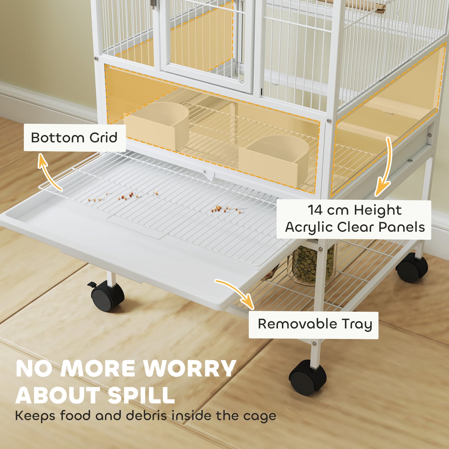 Bird Cage Parrot Cage with Rolling Stand Acrylic Viewing Panels White