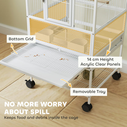 Bird Cage Parrot Cage with Rolling Stand Acrylic Viewing Panels White