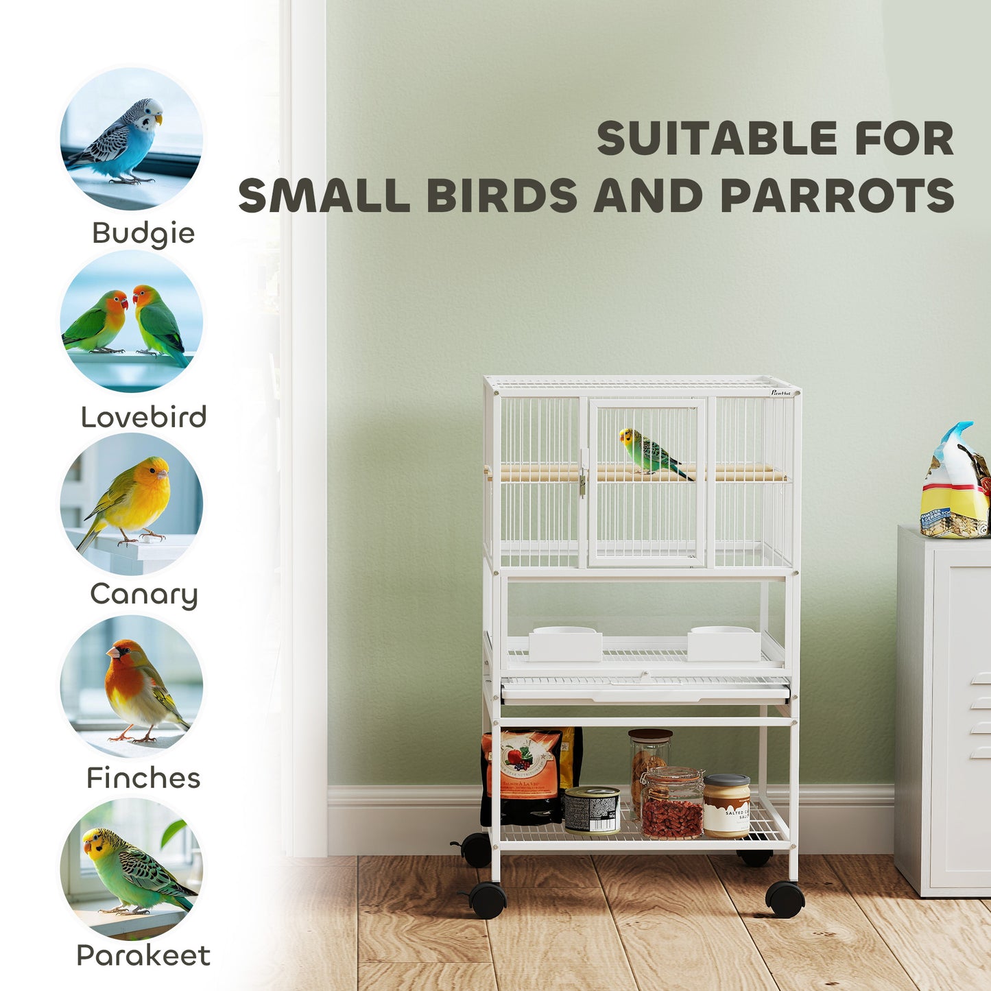 Bird Cage Parrot Cage with Rolling Stand Acrylic Viewing Panels White