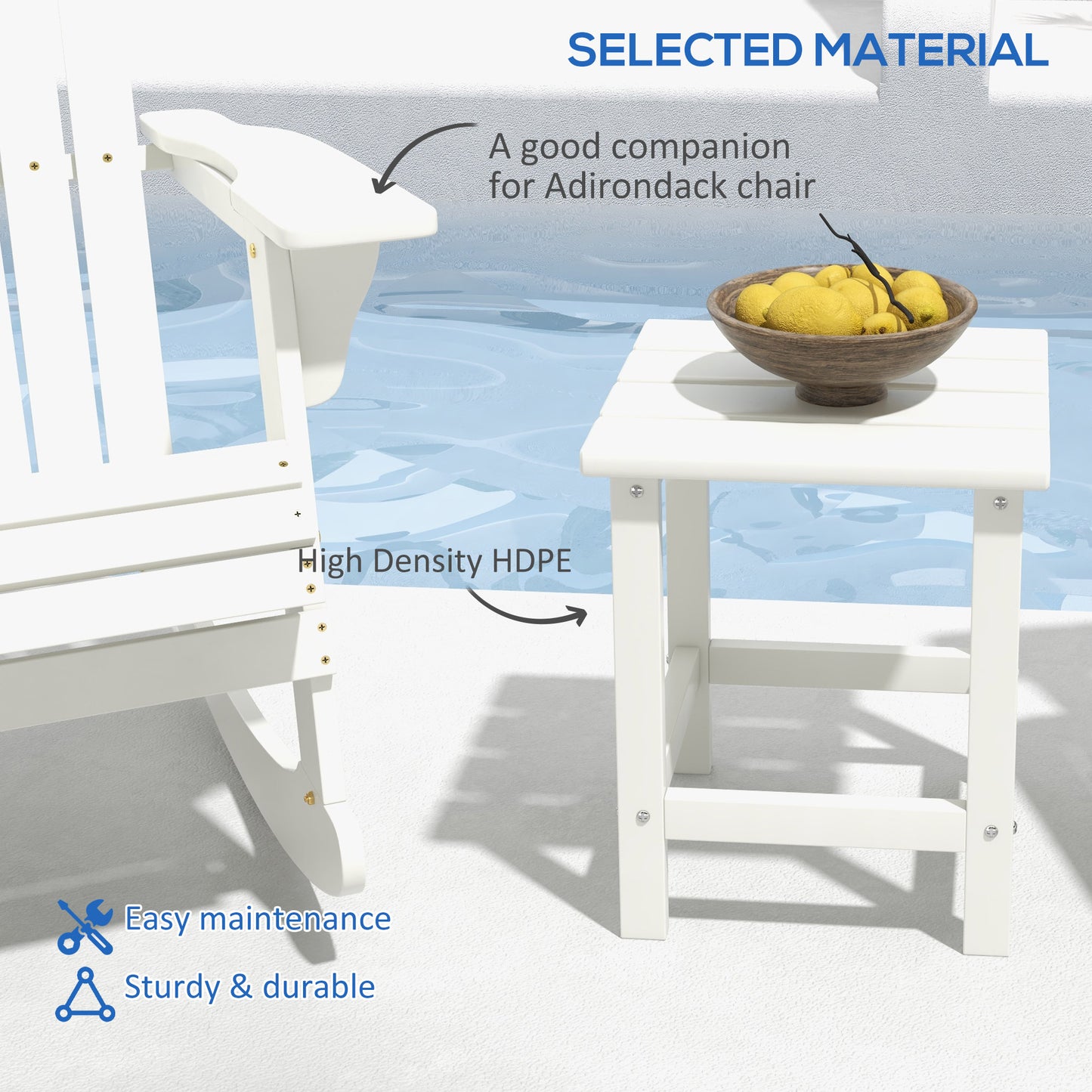 Square Coffee Table, HDPE Side Table for Porch, Garden, White