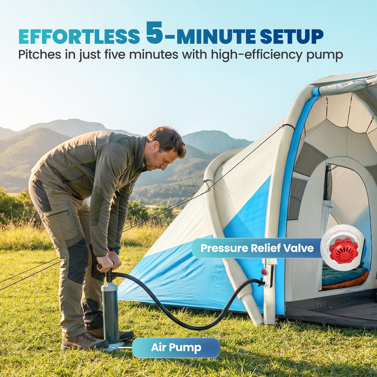 Inflatable Tent 3000mm Waterproof for 4 Person, Blue