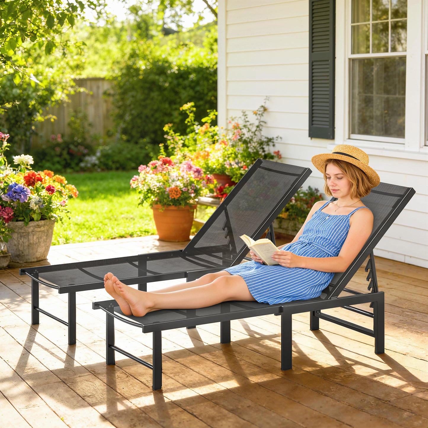 Sun Loungers Set of 2, 5-Level Reclining Sunbeds, Black