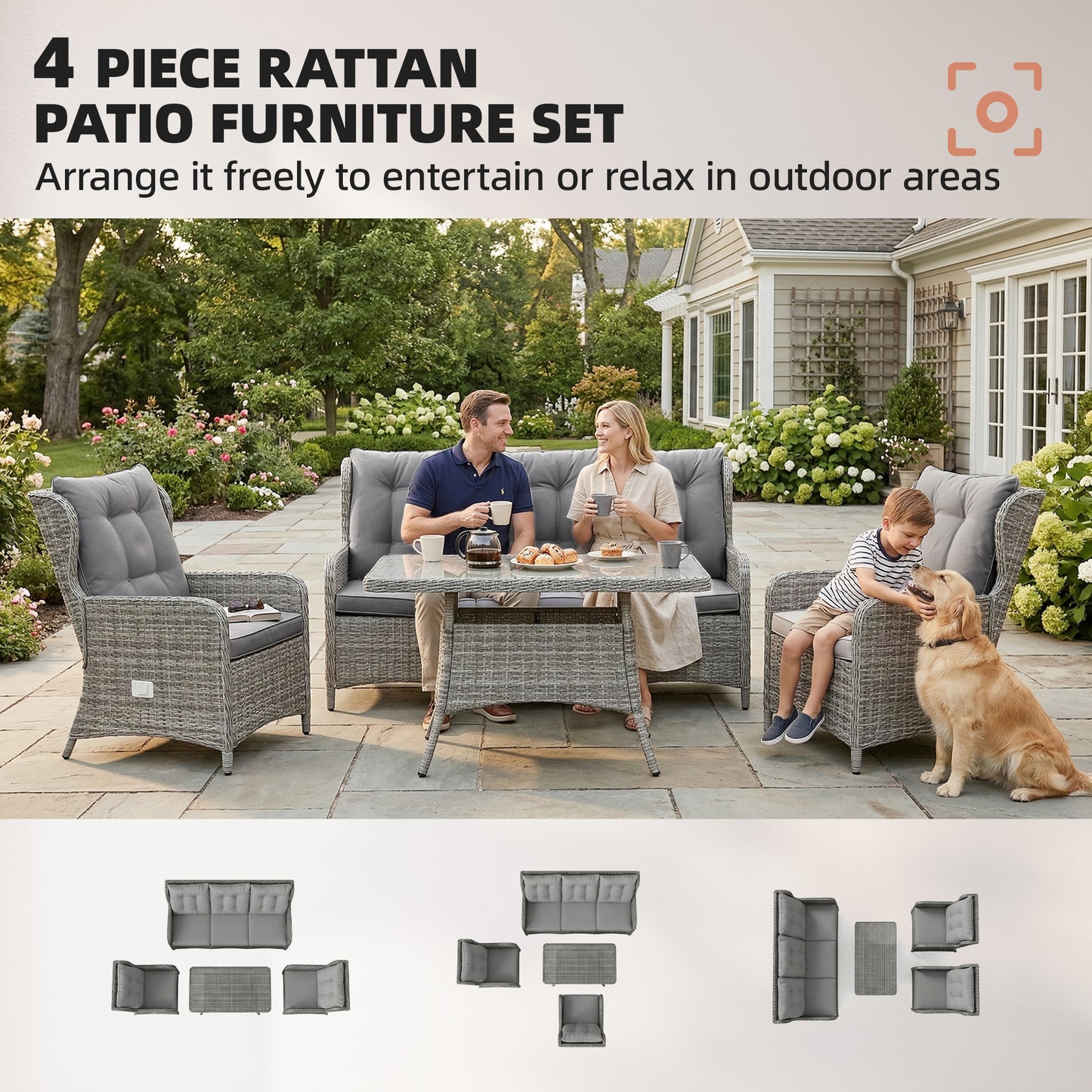 4 Piece Rattan Garden Furniture Set with Cushions, Grey