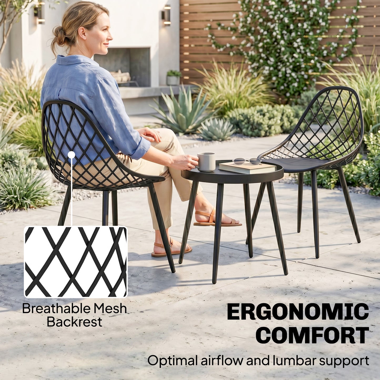 3-Piece Outdoor Bistro Set with 2 Chairs and Round Table, Weather-Resistant Metal Frame, Modern Patio Furniture for Garden, Balcony, Porch, Black
