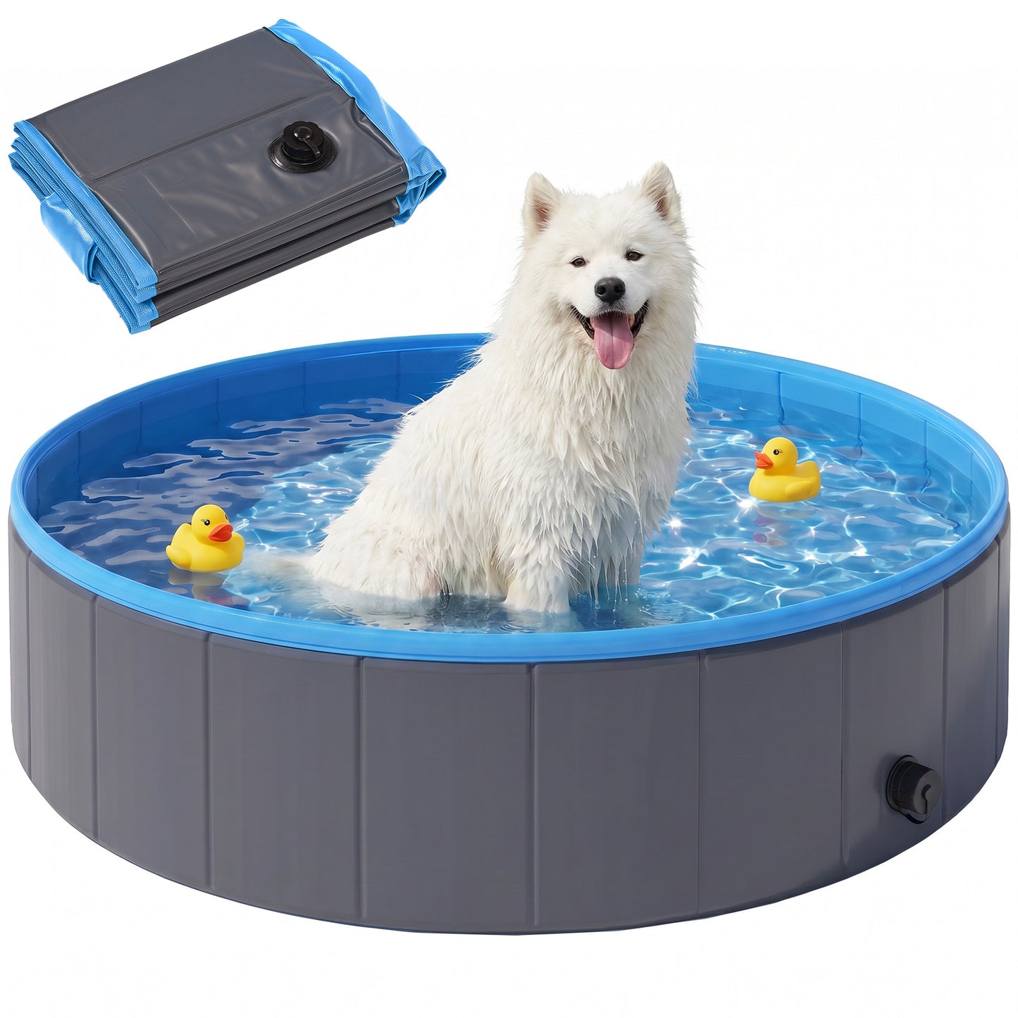 Foldable Dog Pool for Puppies and Ducks, Thickened PVC Dog Paddling Pool Bath Tub Hard Board, Anti-Slip Bottom and Hose Adapter for Easy Drainage, 120 x 30cm, Dark Grey and Blue
