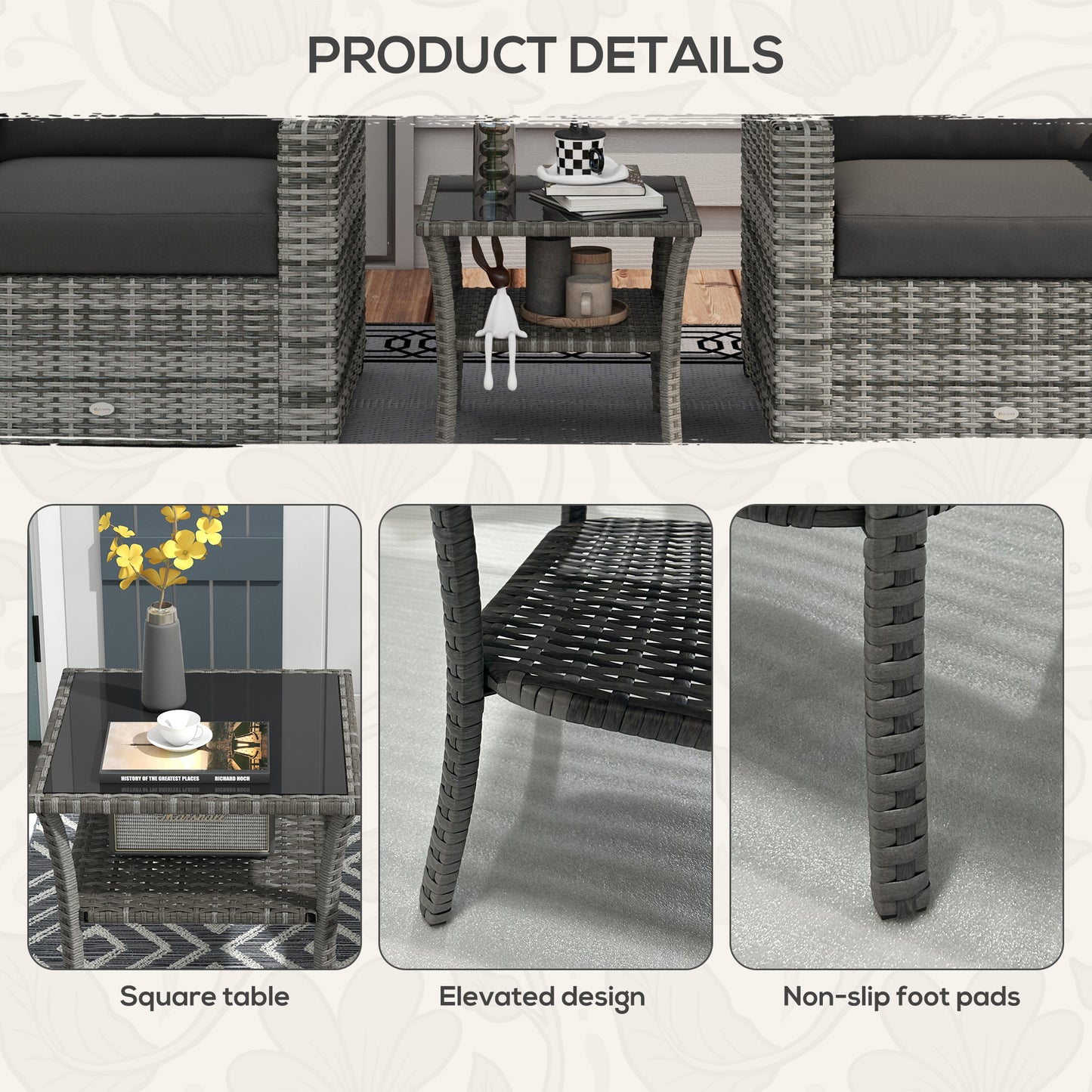 50cm Outdoor PE Rattan Coffee Table, Patio Wicker Two-tier Side Table with Glass Top, for Patio, Garden, Balcony, Grey