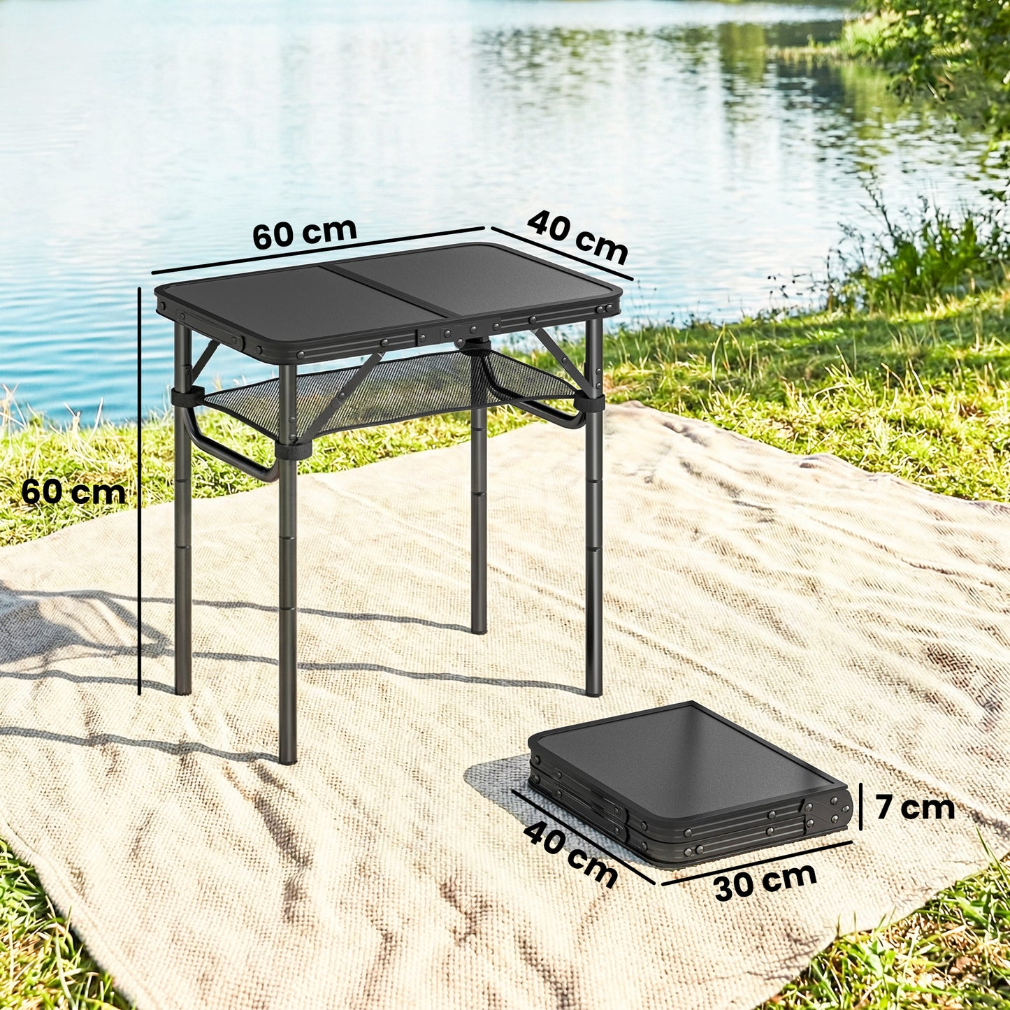 2ft Folding Camping Table, Picnic Table with Storage Layer, Black