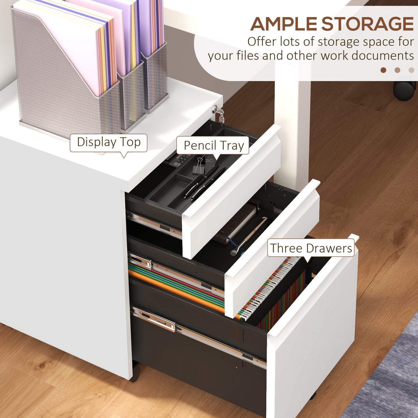 Filing Cabinet with Lock and Hanging Bar for Letter A4 Legal, White