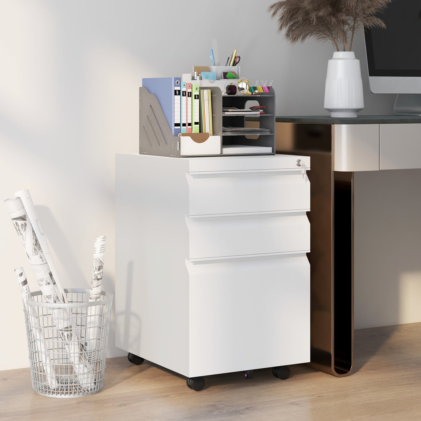Filing Cabinet with Lock and Hanging Bar for Letter A4 Legal, White