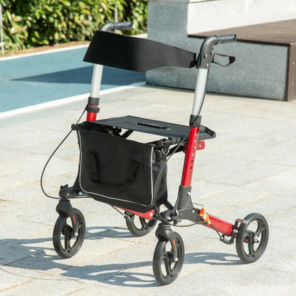Folding Rollator Walker Frame with Seat and Backrest, Lightweight Frame with Storage bag & dual brakes - Red