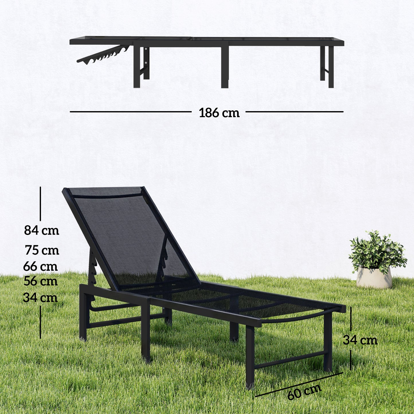Sun Lounger, 5-Level Reclining Sun Lounger Chair, Black