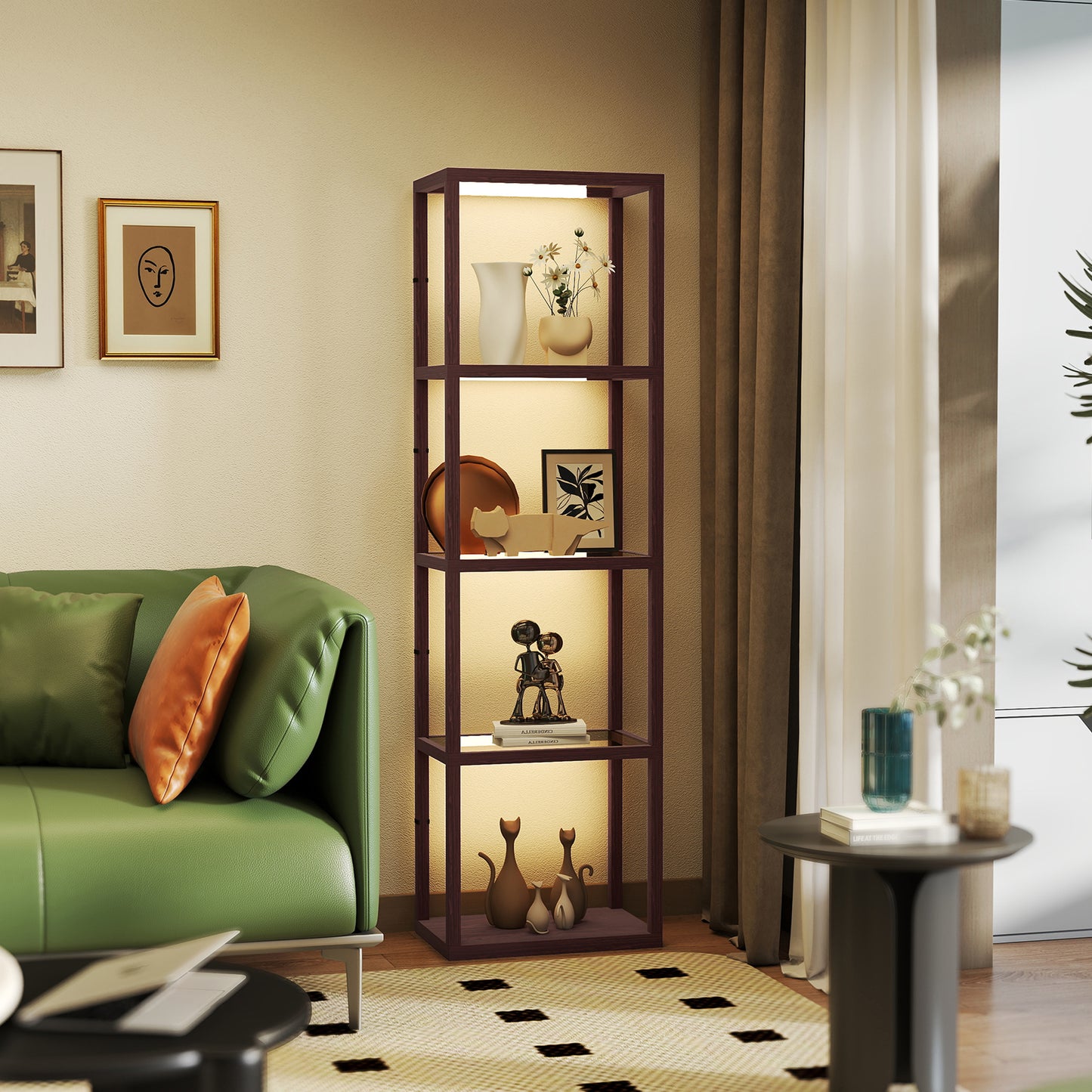 LED Floor Lamp with Glass Shelves, Dimmable Living Room Lamp, Brown