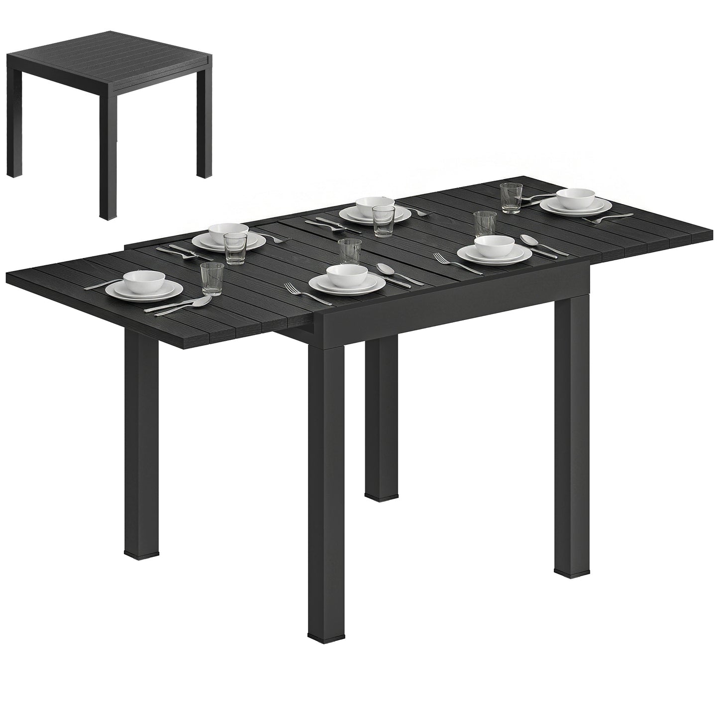 Aluminium Extending Garden Table with Faux Wood Slatted Top, Black