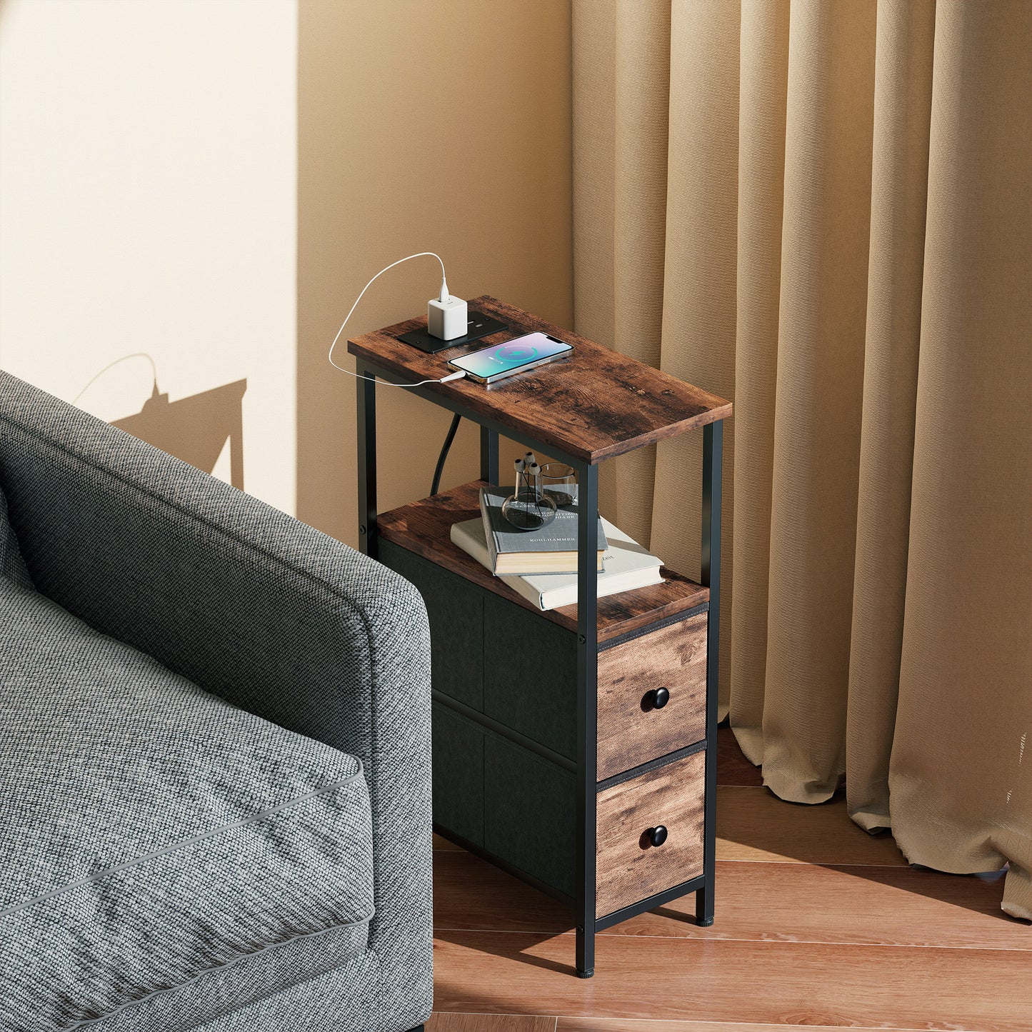 Side Table, Narrow Bedside Table with Charging Station, 2 Drawers