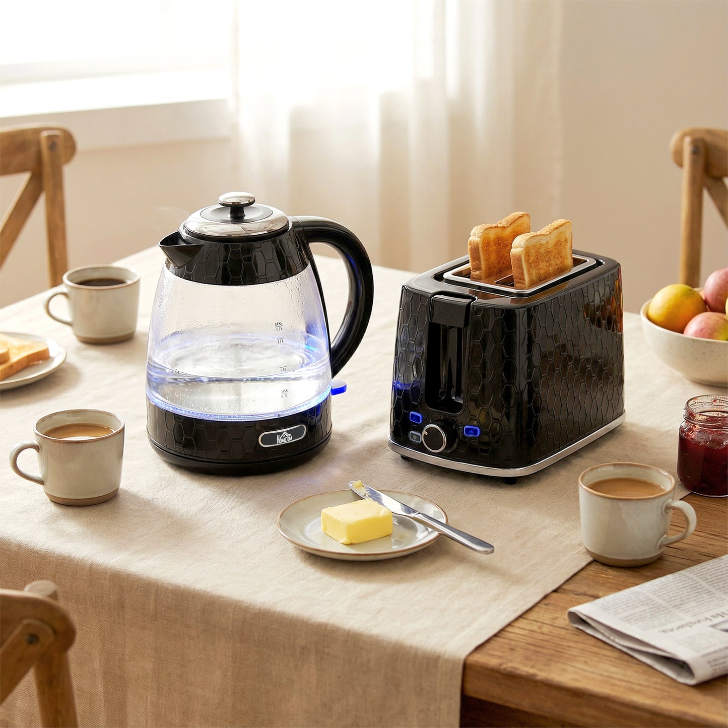 Kettle and Toaster Set with Limescale Filter, Crumb Tray, Black
