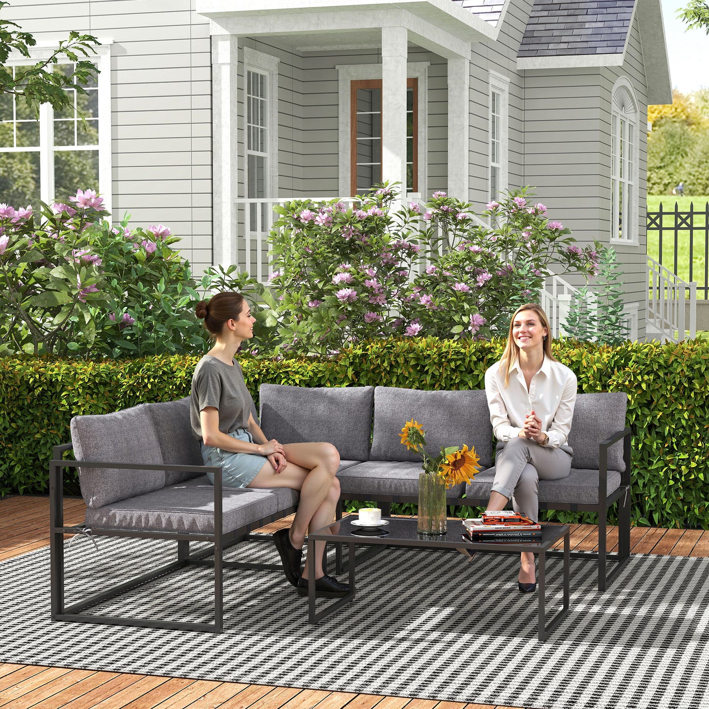 Versatile Patio Three-Piece Set: 3 Piece L Shaped Garden Furniture Set with Cushions, Grey