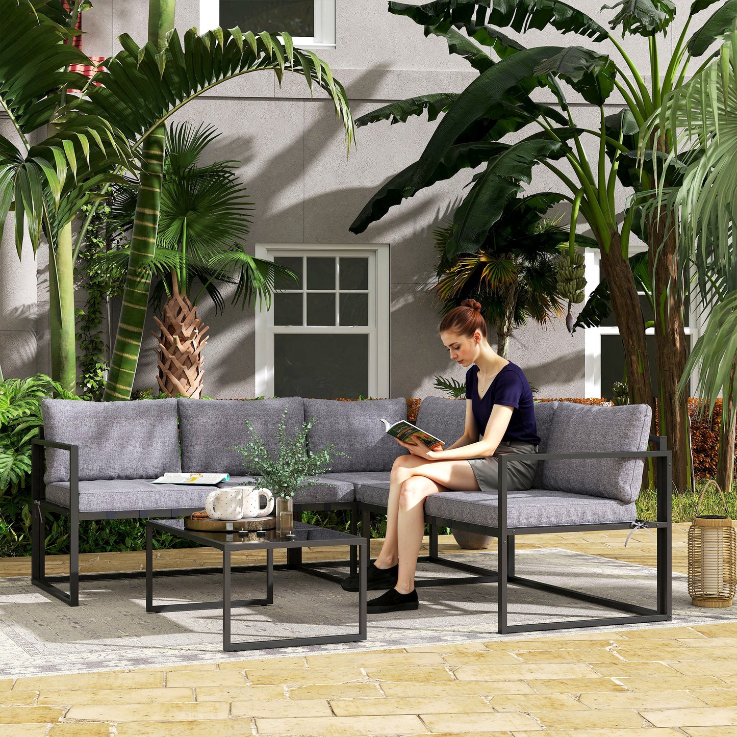 Versatile Patio Three-Piece Set: 3 Piece L Shaped Garden Furniture Set with Cushions, Grey