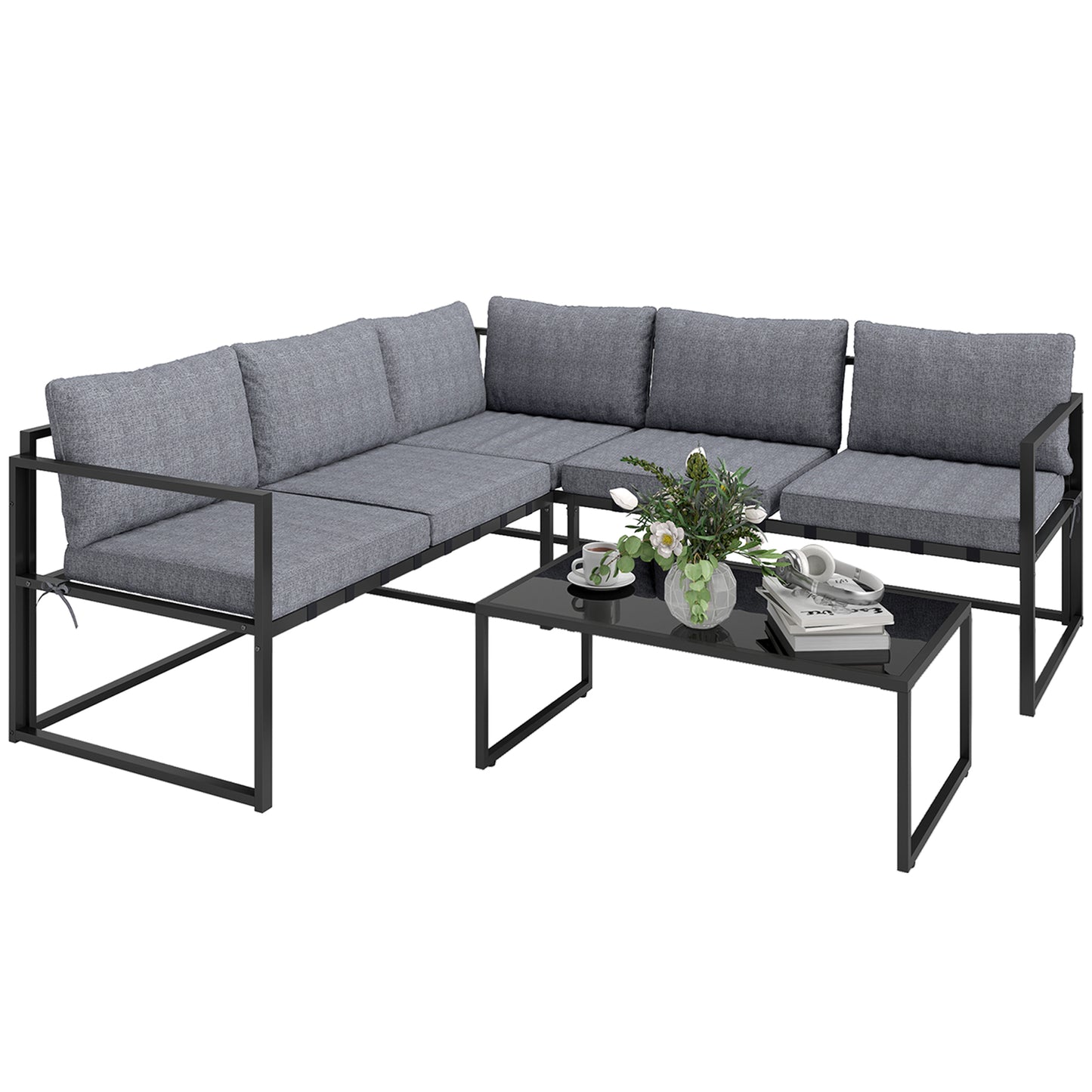 Versatile Patio Three-Piece Set: 3 Piece L Shaped Garden Furniture Set with Cushions, Grey