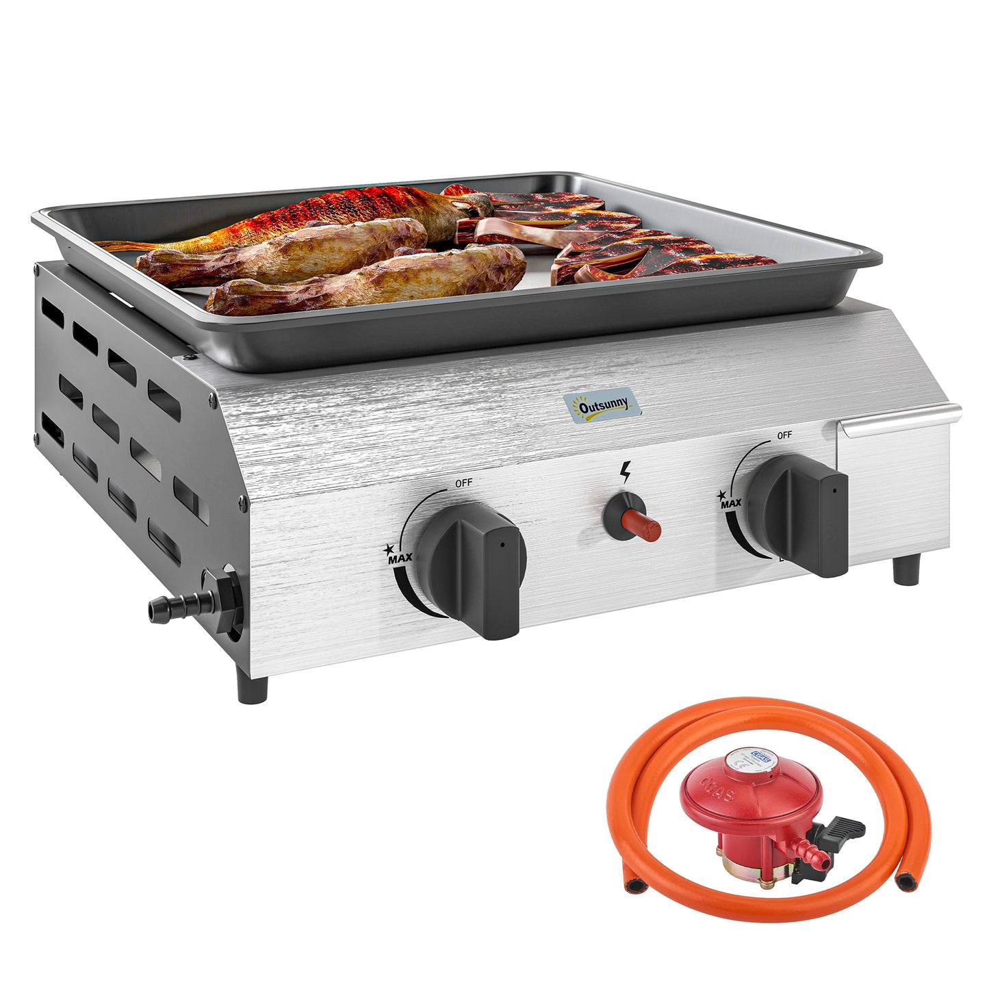 Gas Grill, Gas BBQ with Non-Stick Griddle for Camping, Silver Tone
