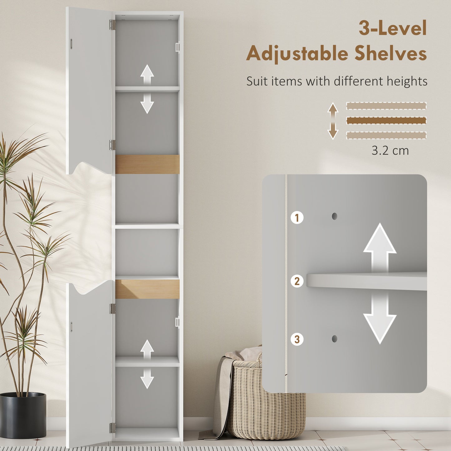 Slim Bathroom Storage Cabinet, Tall Bathroom Cabinet with 2 Doors
