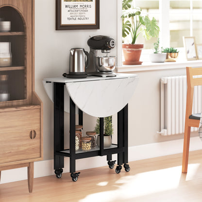 Folding Dining Table, Drop Leaf Table with Open Shelf, White Marble