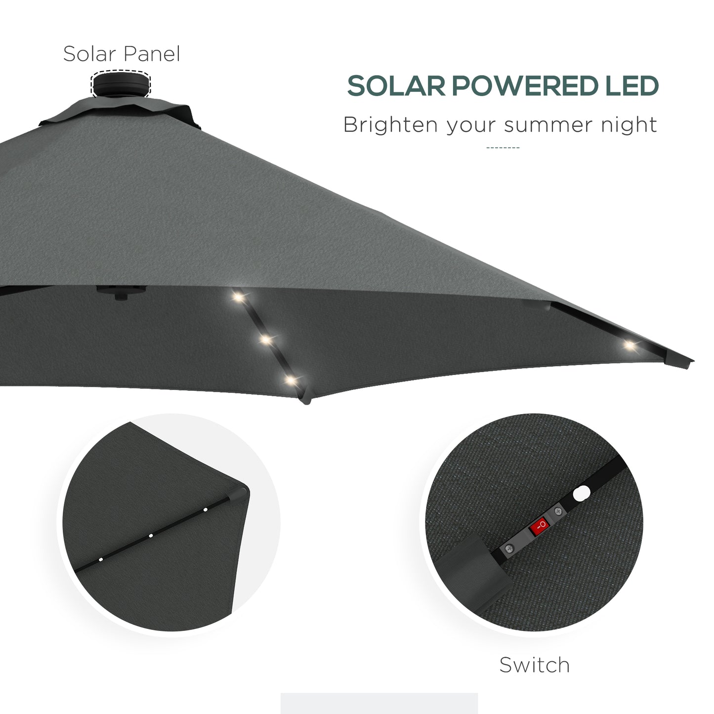 3(m) Cantilever Garden Parasol Umbrella W/ Solar LED, Dark Grey