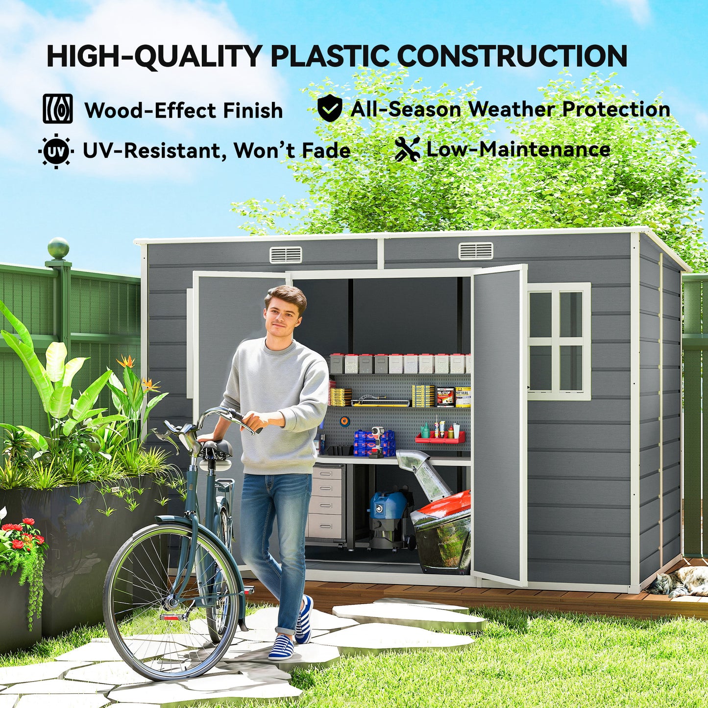 10 x 6 ft Plastic Garden Shed with Floor, Lockable Doors, Grey