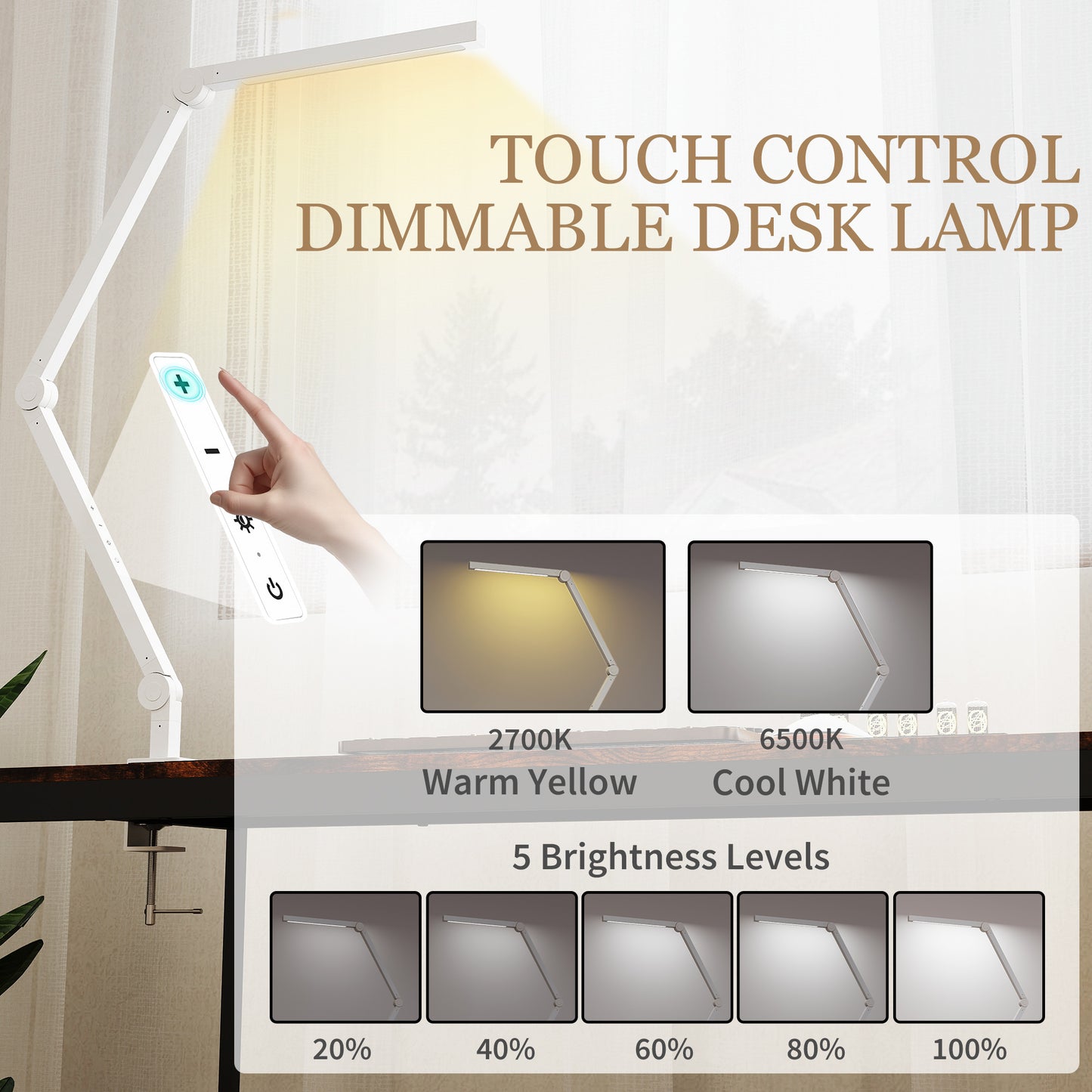 Desk Lamp with Adjustable Swing Arm, Dimmable LED Desk Light, White