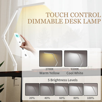 Desk Lamp with Adjustable Swing Arm, Dimmable LED Desk Light, White