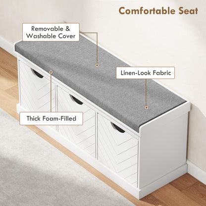 Shoe Storage Bench with 3 Removable Drawers and Padded Seat, White