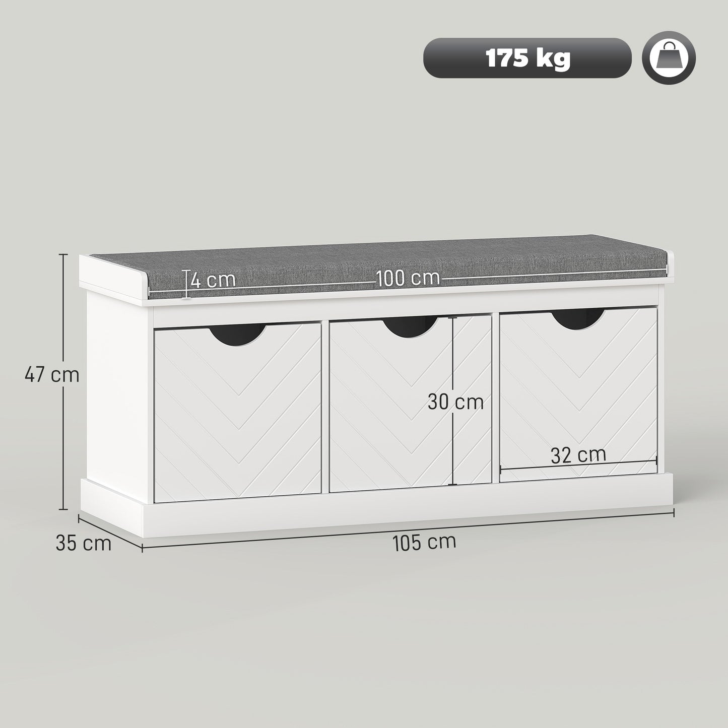 Shoe Storage Bench with 3 Removable Drawers and Padded Seat, White
