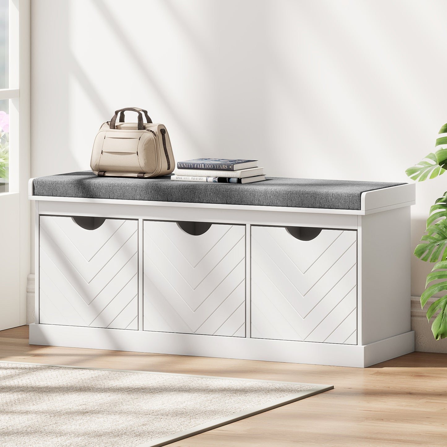 Shoe Storage Bench with 3 Removable Drawers and Padded Seat, White