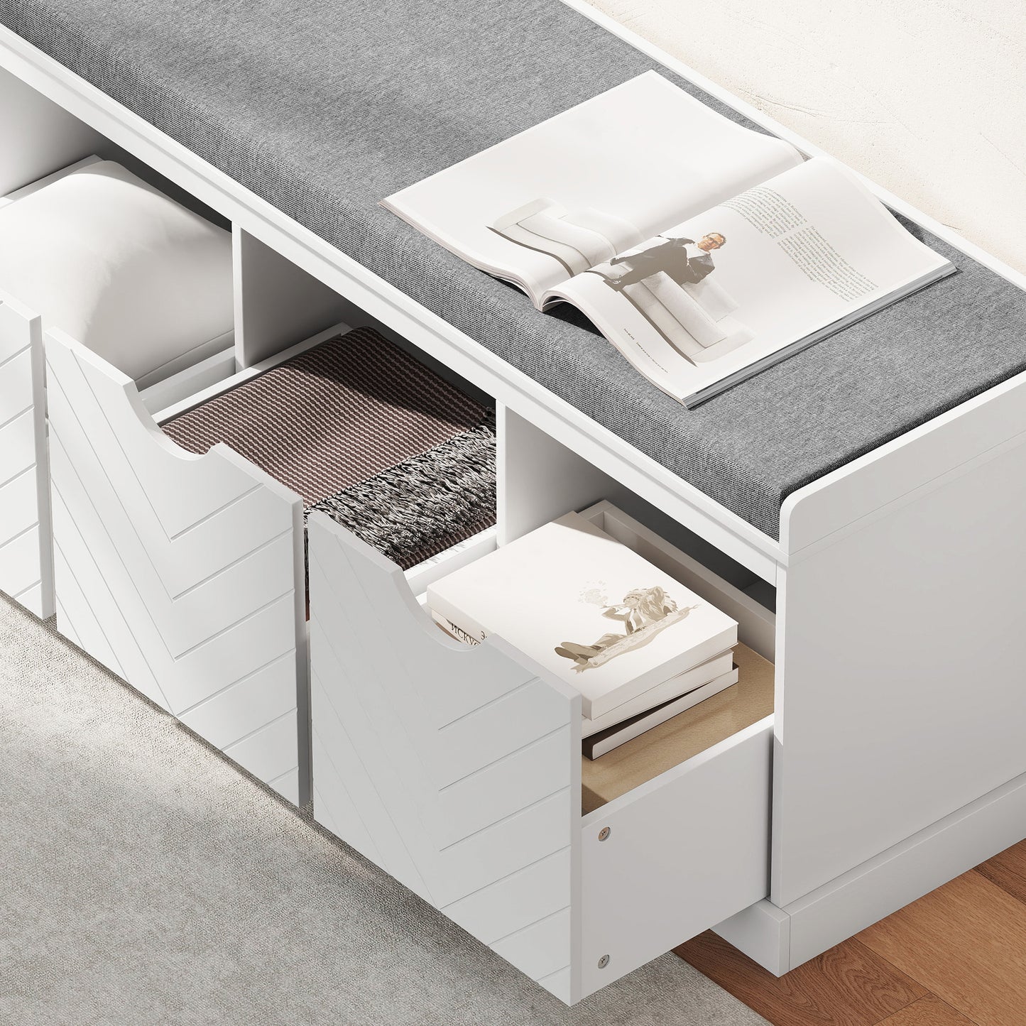 Shoe Storage Bench with 3 Removable Drawers and Padded Seat, White