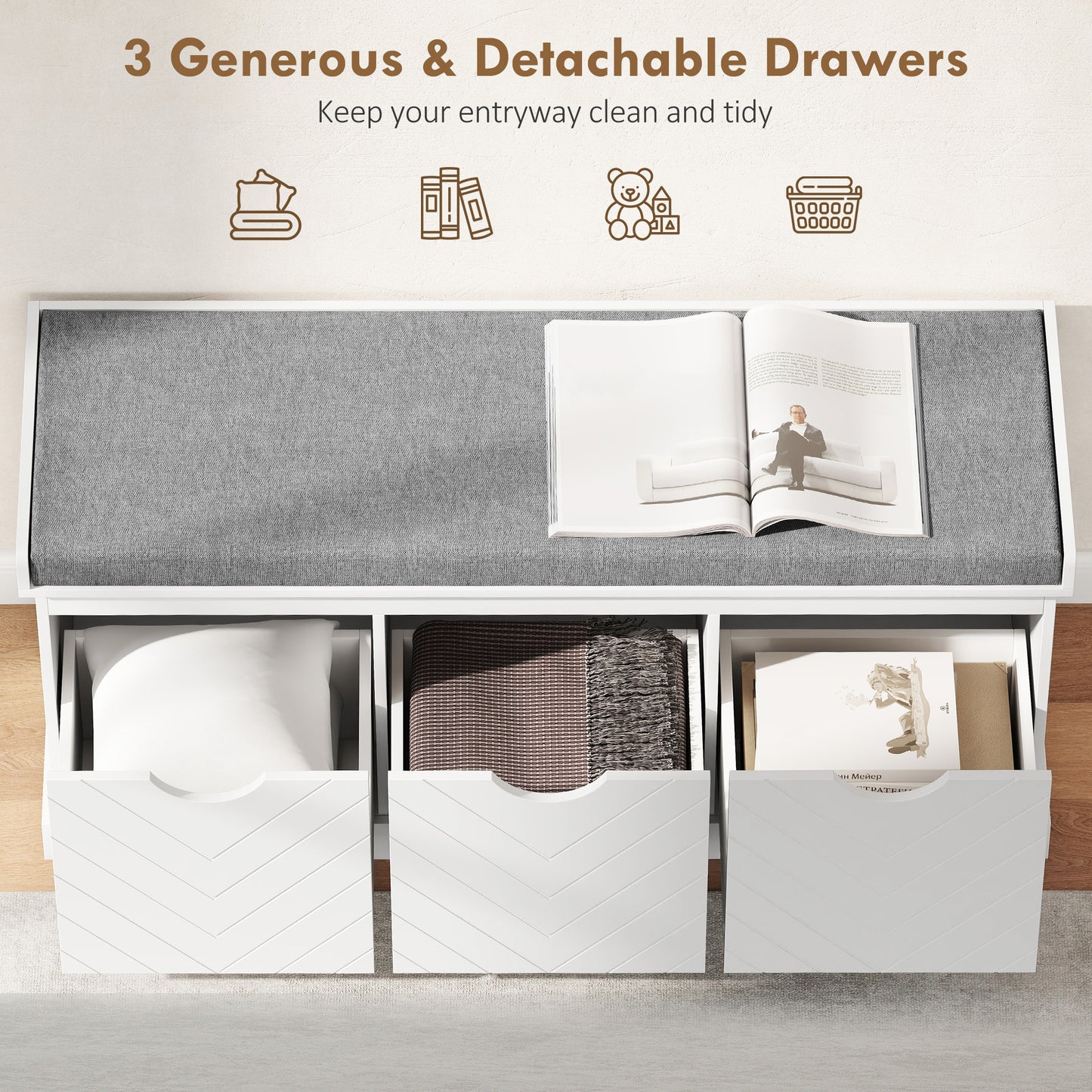 Shoe Storage Bench with 3 Removable Drawers and Padded Seat, White