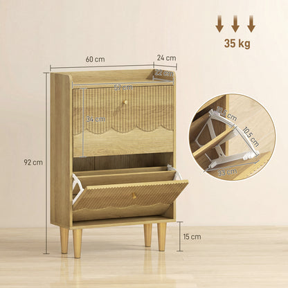 Narrow Shoe Cabinet, Shoe Storage Cabinet with 2 Flip Drawers, Oak