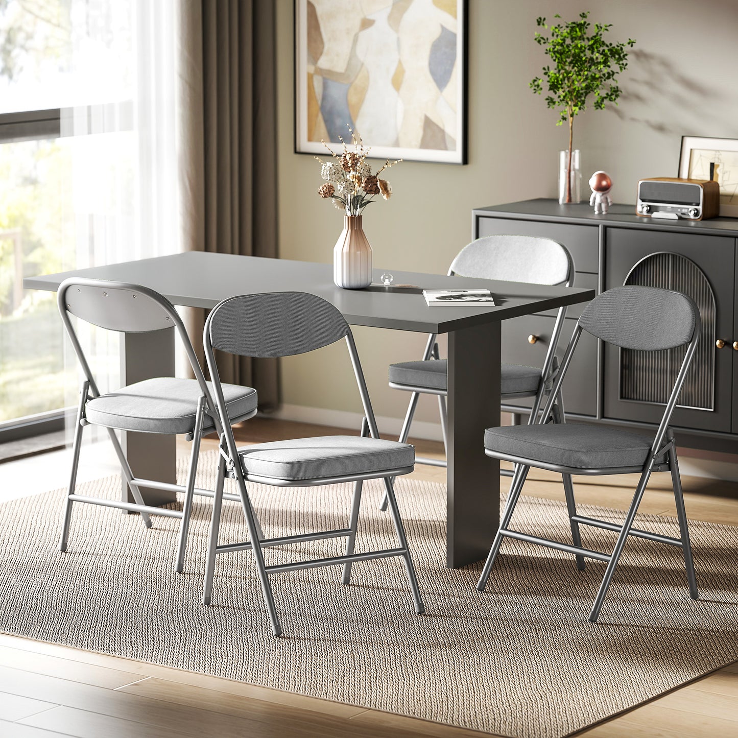 Folding Chairs Set of 4 with Cushioned Seat, Steel Frame, Grey